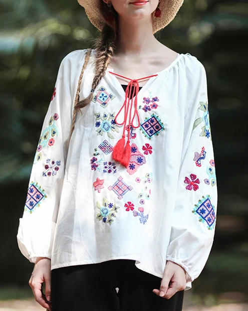 Everkaki блузка женские Топы Boho вышивка кисточки рубашки винтажные женские цыганские Блузки Топ шикарный женский Весна Осень новинка
