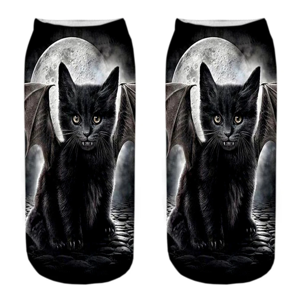 1 paar Neue 3D Druck Coole Mode Lustige Zwei Katzen Socken Frauen Kurze Sox Kunst Neuheit Geschenk Gothic Nacht Halloween männer Dropship – Detail 15