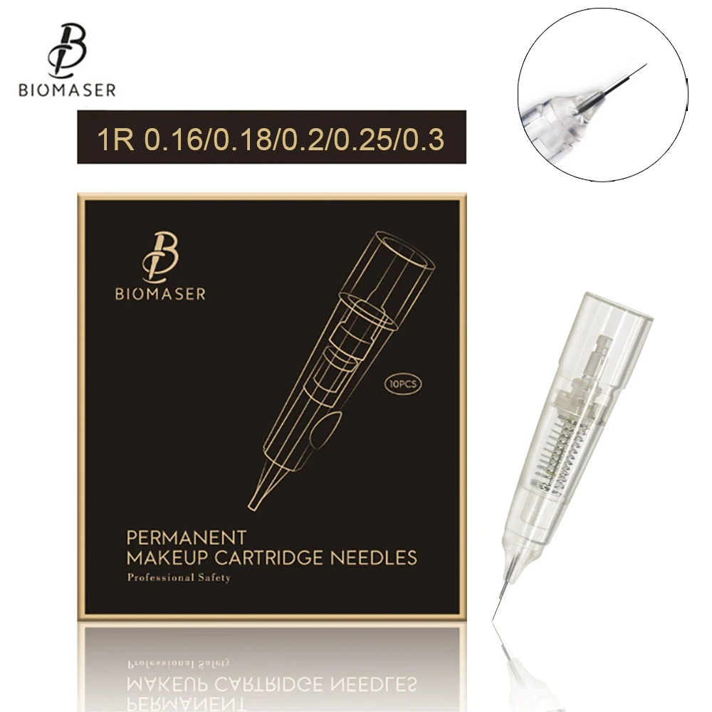 10pcs 1R 0.16/0.18mm Sterilized Disposable Permanent Makeup Cartridge Needles with Steel Tips for Eyebrow Lips Eyeliner Machine 1set double head sterilized tattoo marker pen microblading positioning tool with measuring ruler permanent makeup accessories