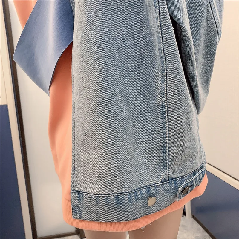 Корейский Strteetwear для женщин с длинным рукавом толстовки Harajuku шикарный Хит Цвет Лоскутные свитшоты деним розовый карманы Топы