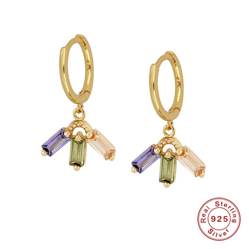 Серьги-кольца женские из серебра 925 пробы с тремя фиолетовыми/зелеными/желтыми