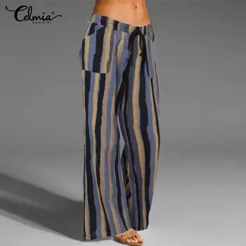 

5XL Celmia Women Vintage Trouser Wide Leg Pants Elastic Waist Casual Loose Fashion Printed Long Palazzo Summer Pantalon Femme
