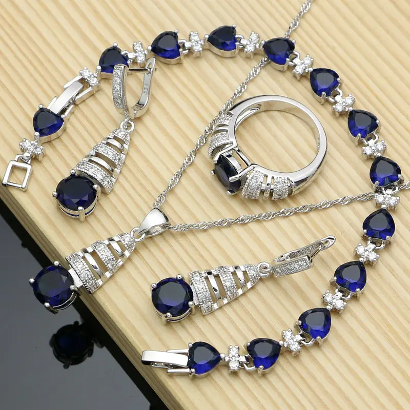 4 PCS Серебро 925 ювелирные наборы синий натуральный Нарядное украшение с цирконами ювелирные наборы индийские украшения для Комплект женского ожерелья - Окраска металла: 4 PCS