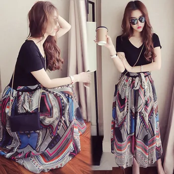 

New summer dress Women Dress Daily Casual Tie Up Print Loose Ladies V-neck Belted Work Splice Long Dresses Vestido