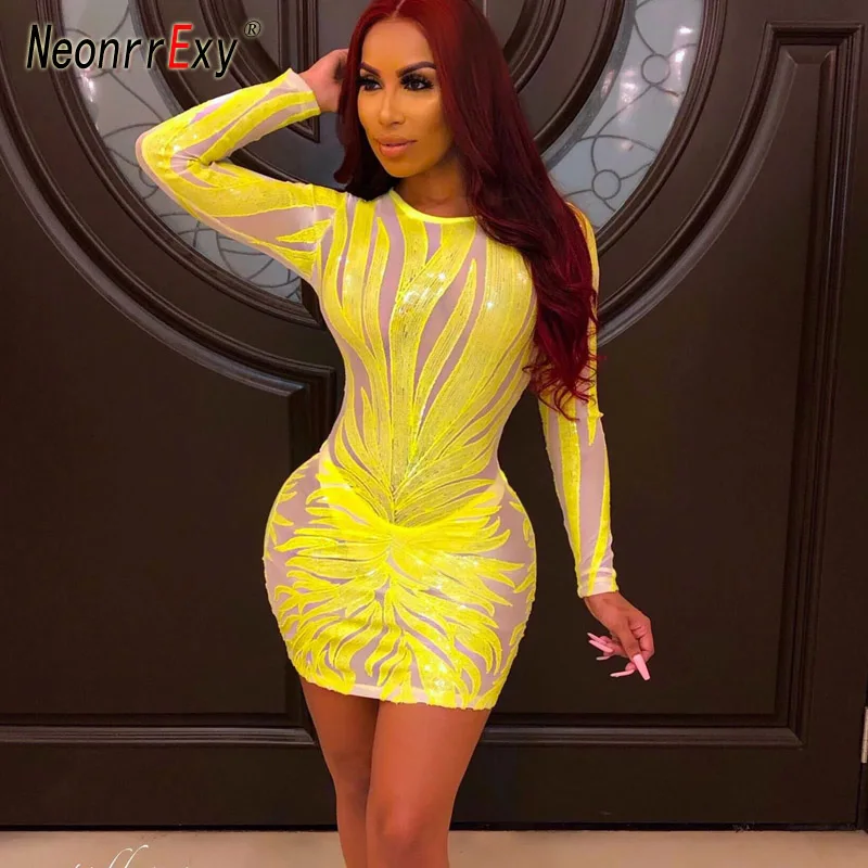 

Neonrrexy Sexy Sequined See Through Mini Dress Women 2019 Autumn New Long Sleeve Bodycon Festival Clothes Party Club Vestidos