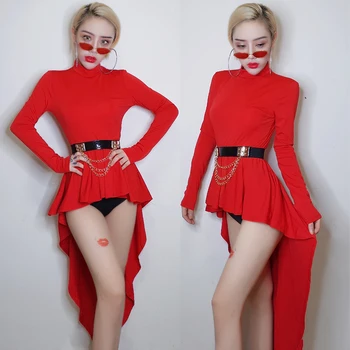 

Jazz Bar DS Costume DJ Female Singer GOGO Collar Dance Clothing Nightclub Team Red Tail Drag Dress Lady Rave Stage Outfit DN4239