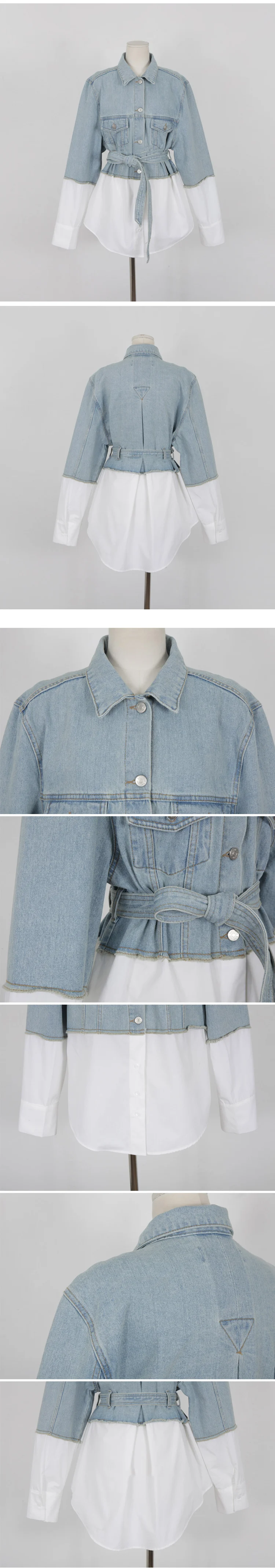 RUGOD, новинка, осенняя женская рубашка в стиле пэчворк, Стильная джинсовая куртка, имитация двух частей, свободное приталенное пальто с поясом, корейские крутые женские топы