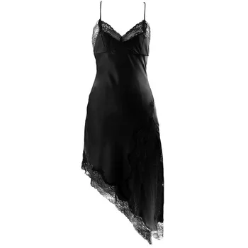 

New sexy irregularly open to seduce black silk suspender nightdress in summer women