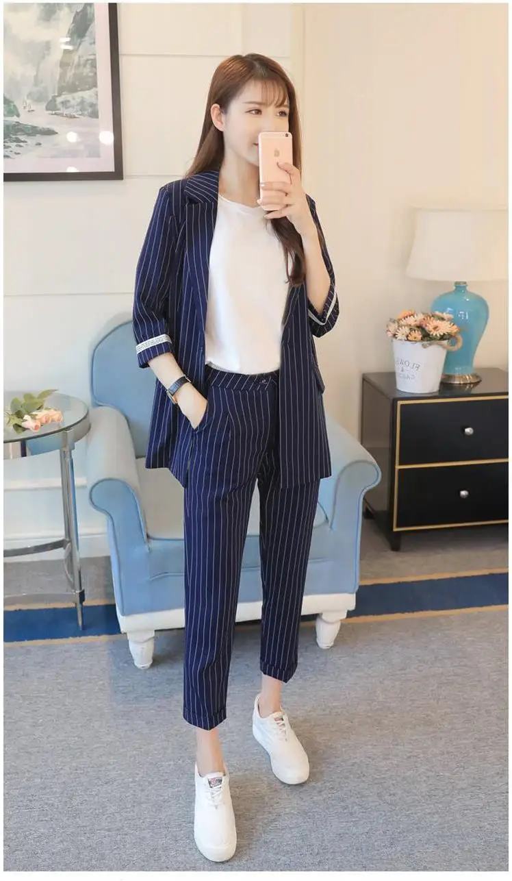New Arrival OL Style Pants Suits Women Single Button Blazer 2 Two Piece Set Striped Jackets& Pants Blazers DC801