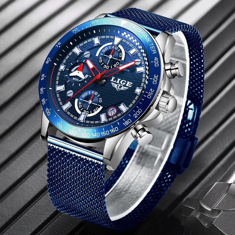 

LIGE New Mens Watch Top Brand Luxury Sport Mesh Steel Waterproof Quartz Watch Mens Fashion Blue Date Chronograph Male Clock+Box
