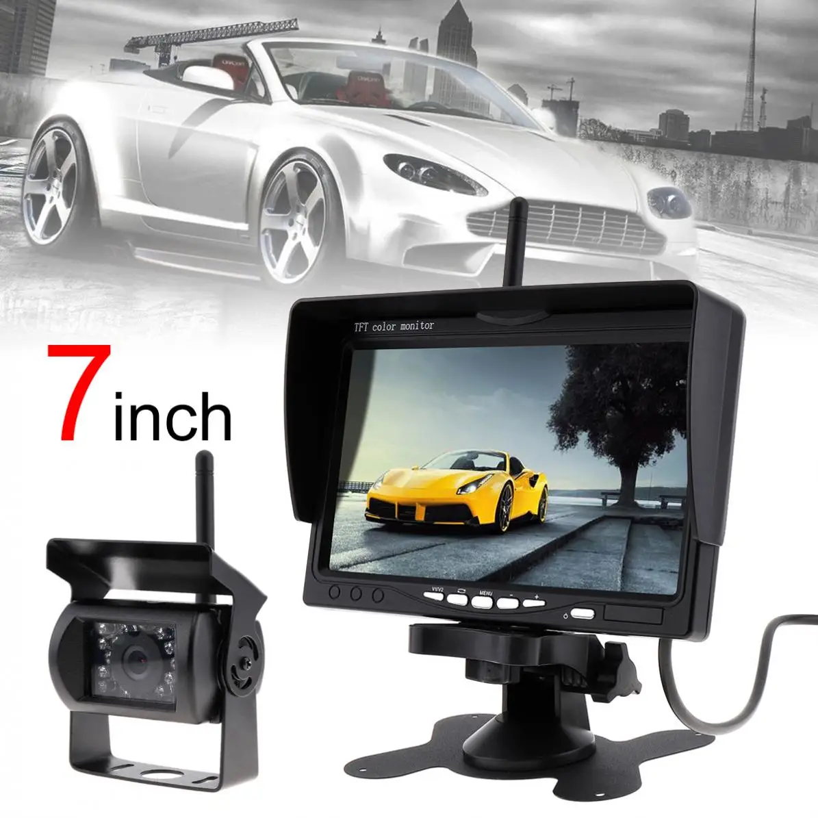 

7 Inch TFT LCD Car Monitor Wireless Version HD Display Camera Reverse Assistance Camera Paking System with 18IR LED camera New