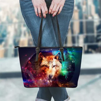 

FORUDESIGNS Hot Style Luxury Design Women Leather Totes Bag Galaxy Wolf Art Printing Casual Female Shoulder Bag Vintage Bolsa