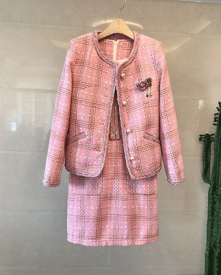 2 piece set Новинка сезон осень-зима; розовый цвет твидовое платье Модные женские с коротким рукавом Бисероплетение кнопка элегантные женские повседневные тонкие платья Vestidos - Цвет: 2 piece set