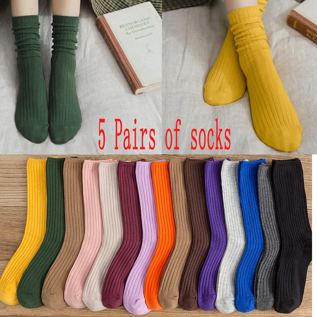 5 Pairs Of Women Middle Tube Cotton Socks Solid Color Ladies Warm Soft Socks M1008