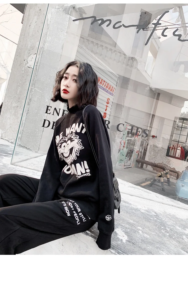 Personality popular logo hoodie woman new dark harbor style semi-high collar loose with velvet