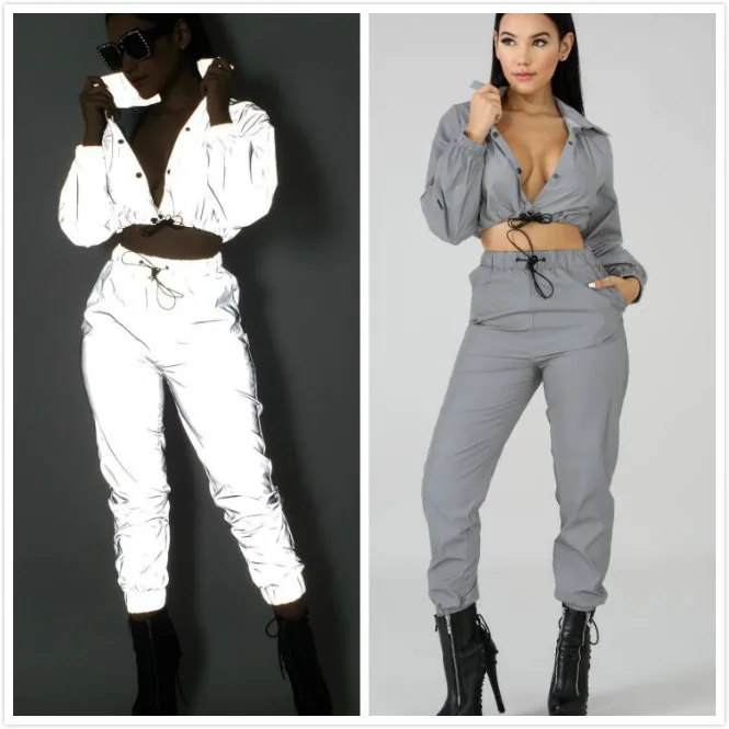 Rock Band Reflective Light Sets Women Sports Night Jogging Tracksuit Hip Hop Club Drawstring Sexy Crop Top and Running Pants