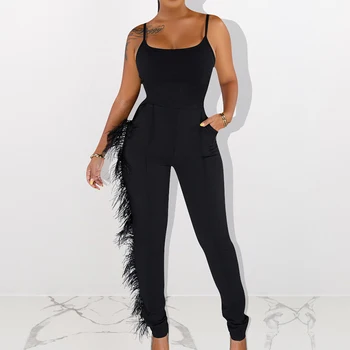 

Strap Feather Edge Vest Women Tank Jumpsuits Plus Size Summer Sleeveless Black Red Club Sexy slim Backless Playsuits Lady Romper