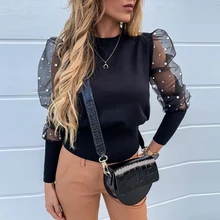 *#Best Price Women Puff Sleeve Beading Design See Through Sleeve Blouse Chic Spring Autumn Elegant Casual Round Neck Wild Style Top Shirt D30 *#Best Price Women Puff Sleeve Beading Design See Through Sleeve Blouse Chic Spring Autumn Elegant Casual Round Neck Wild Style Top Shirt D30