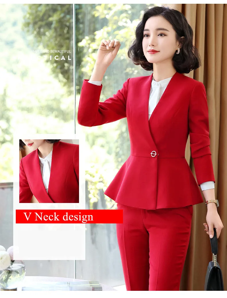 Fashion long sleeve professional pants suits New red business slim blazer and pants office ladies formal interview work wear