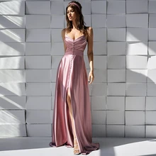 

Long A-line Vintage Satin Front Slit Evening Dresses Simple Sexy Spaghetti Strap Floor Length Draped Prom Party Dresses Women