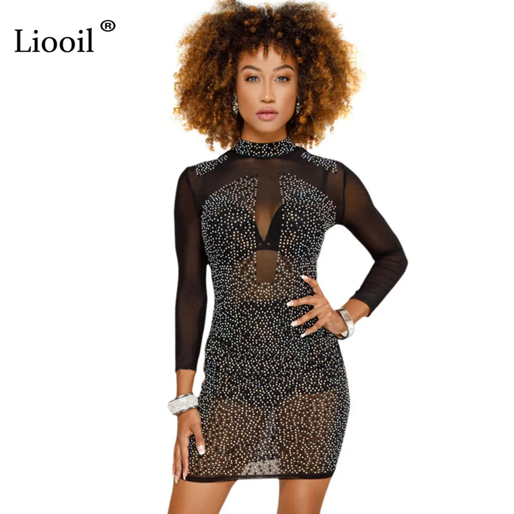 Liooil Black White Rhinestone Sexy Mesh Sheer Mini Dress Fall Long Sleeve See Through Tight Dresses Woman Party Night Club