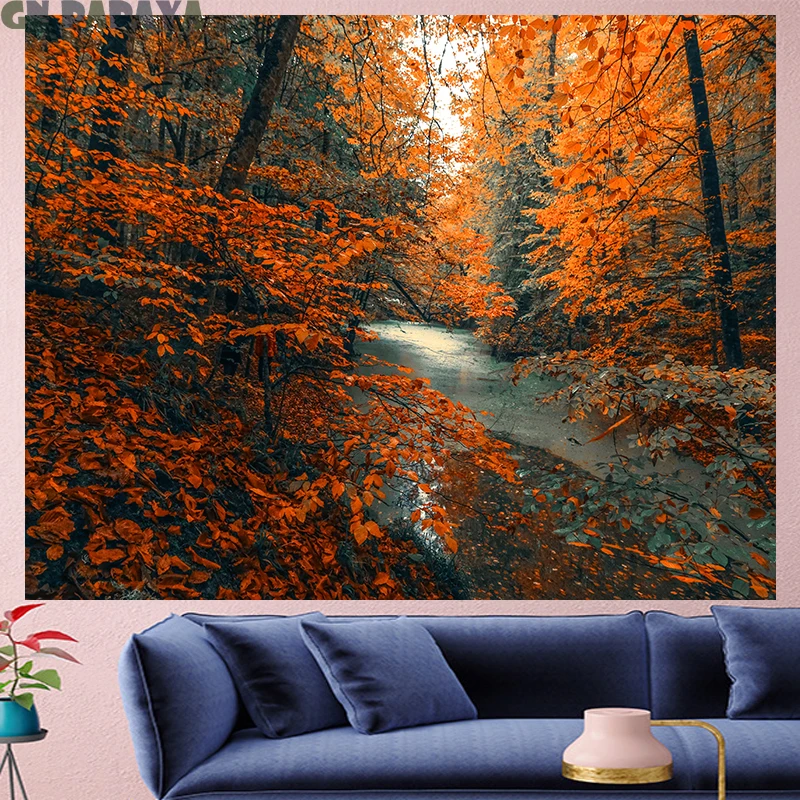 

Red forest tapestry Scenic red Wall Hanging farmhouse decor tropical plants goblen landscape Polyester Yoga mat