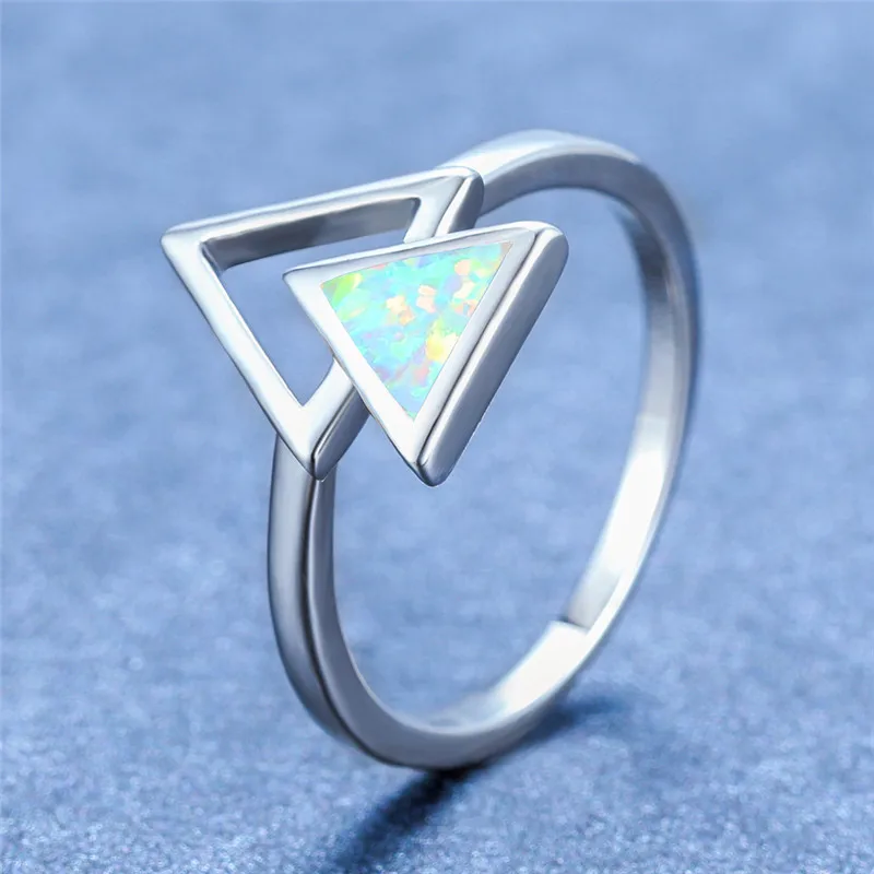 Минималистичное женское голубое белое треугольное кольцо с опалом модное серебряное кольцо для свадьбы классические праздничные обручальные кольца для женщин