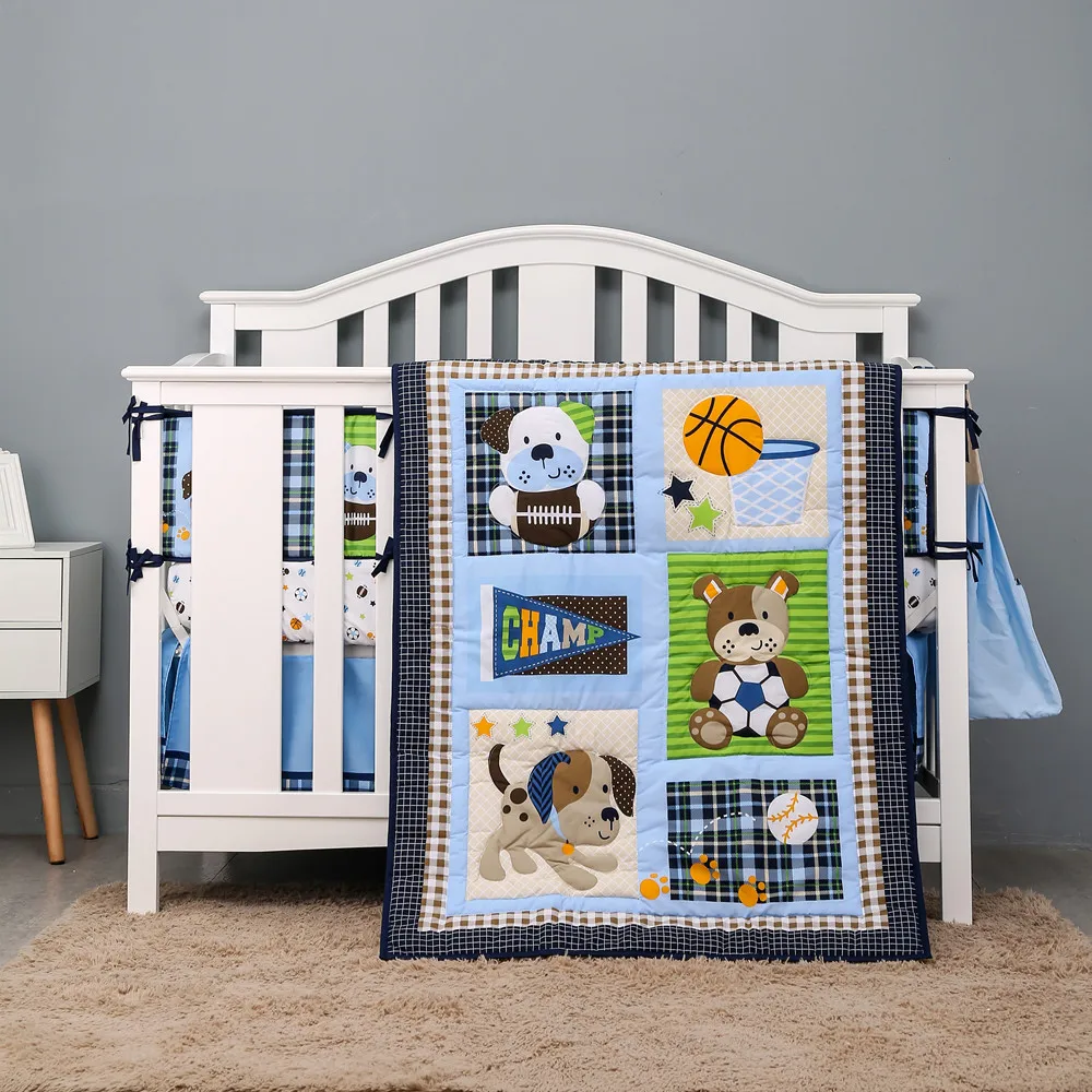 Ins 7pcs Baby Bedding Set Embroidery 3d Dog And Bear Crib Bedding Set
