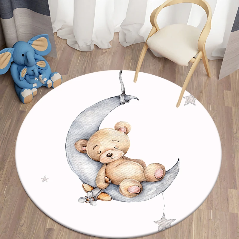 Cartoon Bear Print Children Carpet Kawaii Area Rugs Round Carpet for Living Room Floor Mat Flannel Anti-Slip Mat for Children