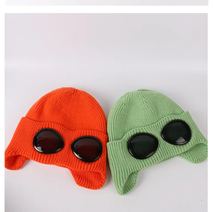 Fashion Cool Cashmere Knitted Hat With Sunglasses Female Winter Sports Cap Protect Neck Warm Outdoor Skiing Cap