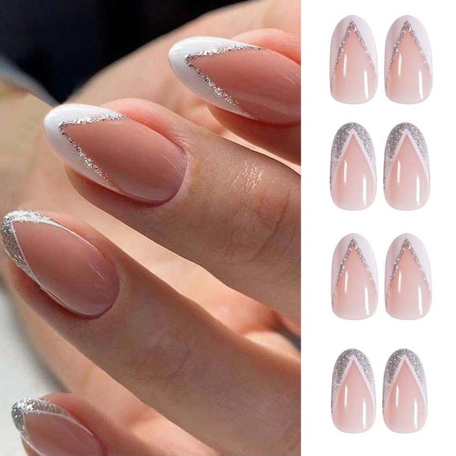 Detachable False Nails French with Black Line Fake Nails Full Cover Nail Art Tips Press on Nails with Glue Manicure Tools