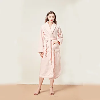 

Elegant Pink Solid Lovers Robekimono Sleepwear Soft Women Homewear Winter Flannel Nightwear Nightdress Casual Bathrobe Gown