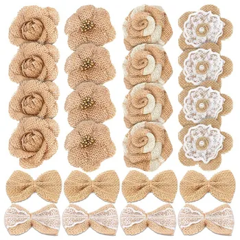 

24Pcs Handmade Natural Burlap Flowers, Include Burlap Rose Flowers, Burlap Lace Flowers With Pearls, Burlap Hibiscus Flowers, Bu