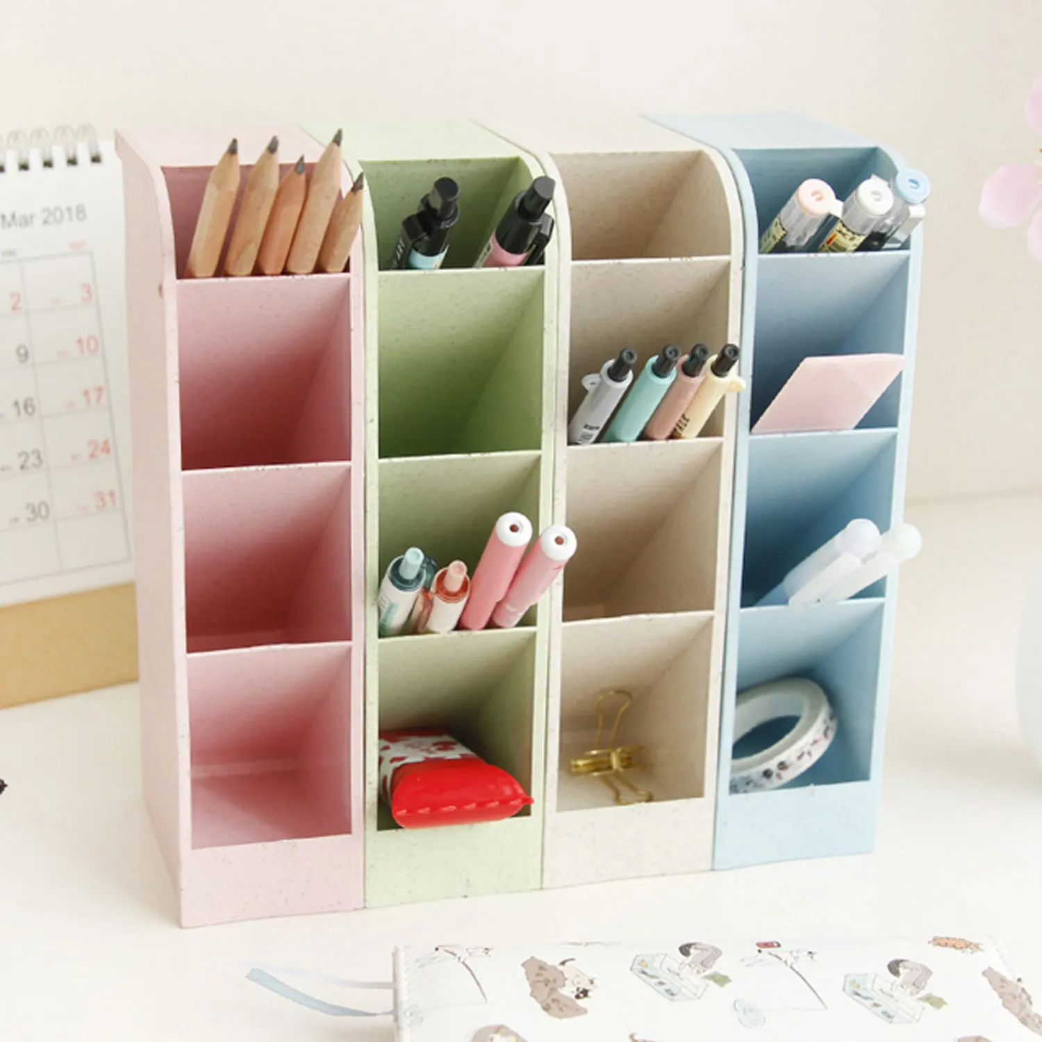 

4PCS Assorted Colors 4-Grid Desktop Organizer Storage Box Caddy for Stationery Socks Makeup Tools Home Office School Supplies