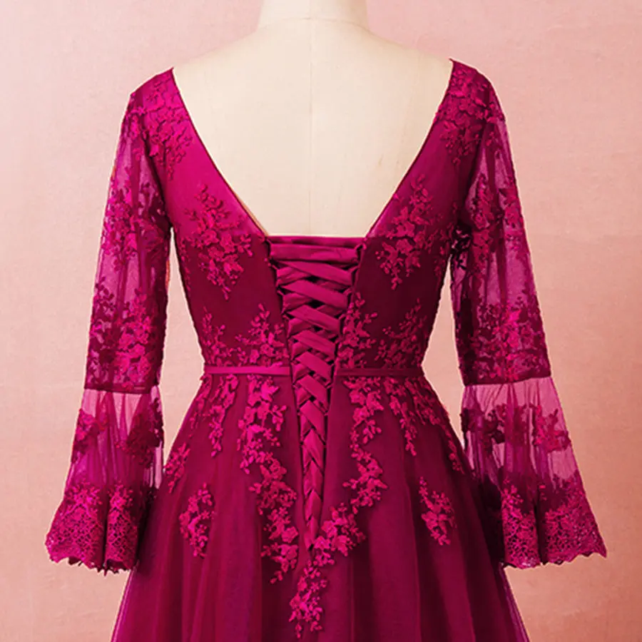 Вечерние платья с длинным рукавом Robe De Soiree T466 с О-образным вырезом, розовые красные женские вечерние платья размера плюс, кружевное вечернее платье с открытой спиной