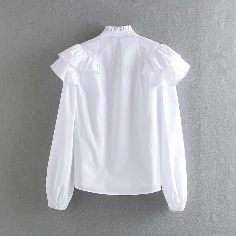  Fashion Za Women Shirt 2019 Casual Solid Ruffles Poplin Stand Collar Shirts Blouses Elegant Ladies 