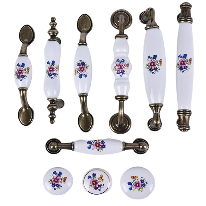 High Quality Antique Bronze Ceramic Cabinet Handles Zinc Alloy Drawer Knobs Wardrobe Door Handles Morning Glory Furniture Handle