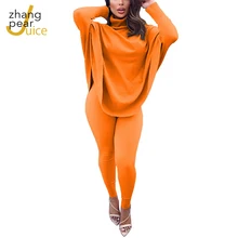 Two Piece Set Tracksuit Women's Sets Batwing Long Sleeve High Neck Top And Bodycon Sexy Solid Long Pants Lady Suit Streetwear