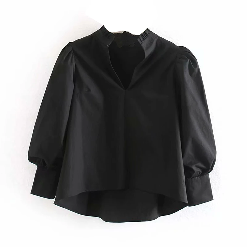 Однотонная женская блузка с рюшами и v-образным вырезом, рубашка, шикарная, три четверти, с пышными рукавами, готический стиль, топы, свободные, женские, необычные, черная, туника, блузка