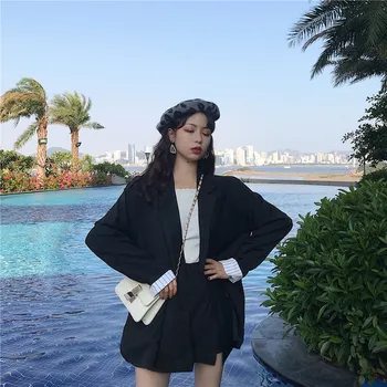 

Spring Two Piece Skirt Suit Female Oversized Casual Black Blazer Jacket+Button Mini A Line Skirt Summer Women Blazer Suit