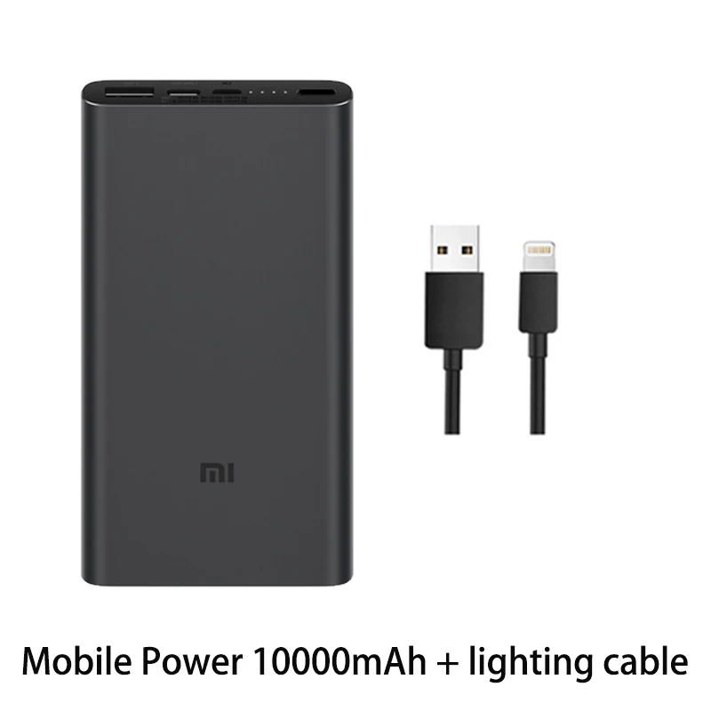 Mi Xiao mi power Bank, 10000 мА/ч, 3 внешних аккумулятора, QC3.0, зарядка, двойной USB выход, 18 Вт, быстрая зарядка, 10000 мА/ч, внешний аккумулятор для телефона - Цвет: Add case lightning