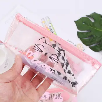 

Cute Cat Pencil Cases For Girls Pink PVC Transparent Pen Bag School Supplies Stationery Pouch Cute Pencil Box Canetas Escolar