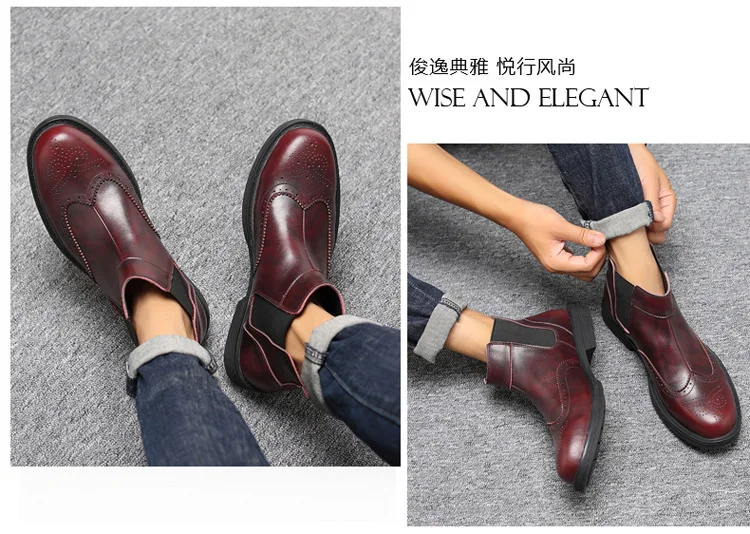 Winter PU Chelsea Boots Men Elastic Band Pointed Toe Ankle Boots Solid Casual Motorcycle Shoes Plus Size Black Brown