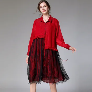 

2020 Europe Pluz Size Dress Women Summer and Autumn New Ladies Dress Lapel Fashion Long Sleeve Casual Chiffon Women Clothing