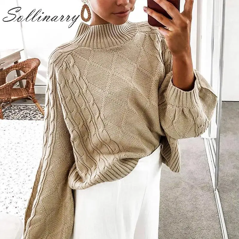 

Sollinarry Knitwear Casual Sweatesr Jumpers Women Fashion Turtleneck Autumn Loose Sweaters Pullover Female Winter Chic Jumpers