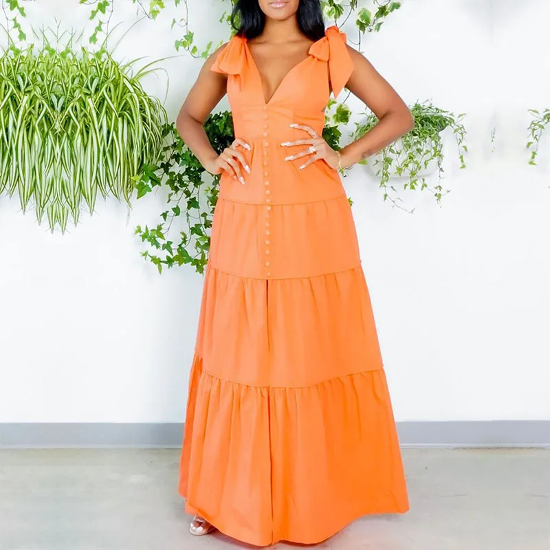 

African Long Maxi Dress Women Elegant Bow Splice Buttons Sleeveless Robes African Clothes Africaine Femme Party Dresses Vestidos