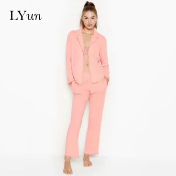 

LYun European and American style spring and autumn long-sleeved knitted cotton pattern long pajamas set comfortable home service