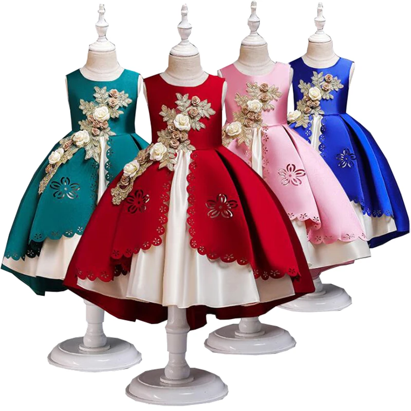 Платье-пачка принцессы со шлейфом и цветочным рисунком для девочек; элегантное вечернее платье из ажурного атласа; детское платье; платье с аппликацией для девочек на день рождения