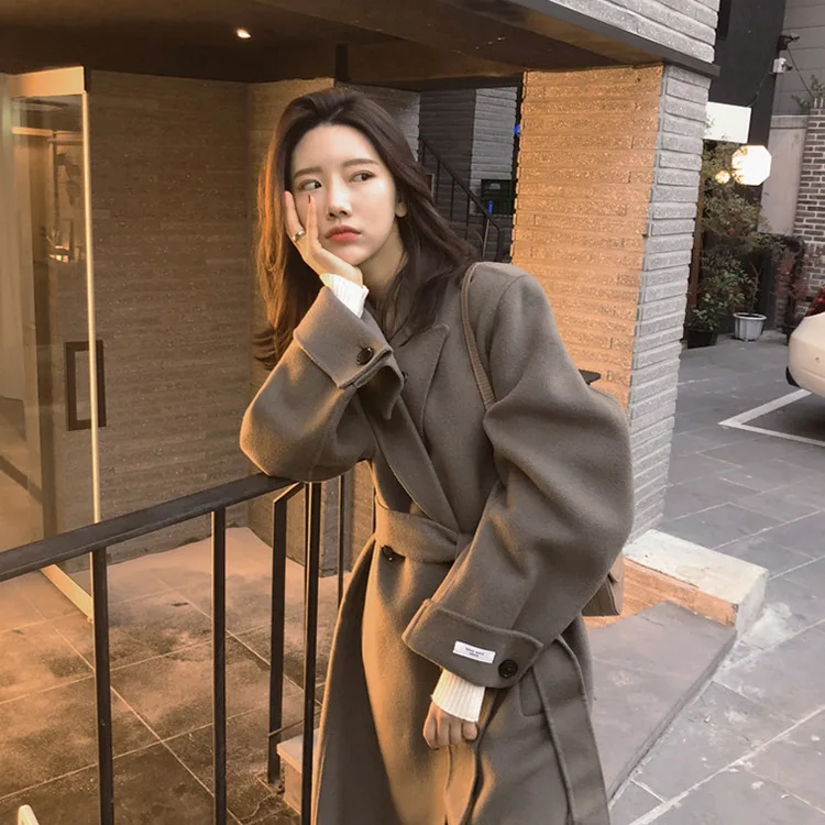 

New Double-breasted Tied Woolen Jacket for Women Mid-long Style and Double-sided Woolen Overcoat Women 2019 Wool Coat Women