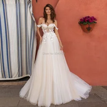 Милая Свадебные платья цвета слоновой кости с плечо Аппликация с цветочным принтом трапециевидной формы Свадебные платья без рукавов платье невесты до пола платье